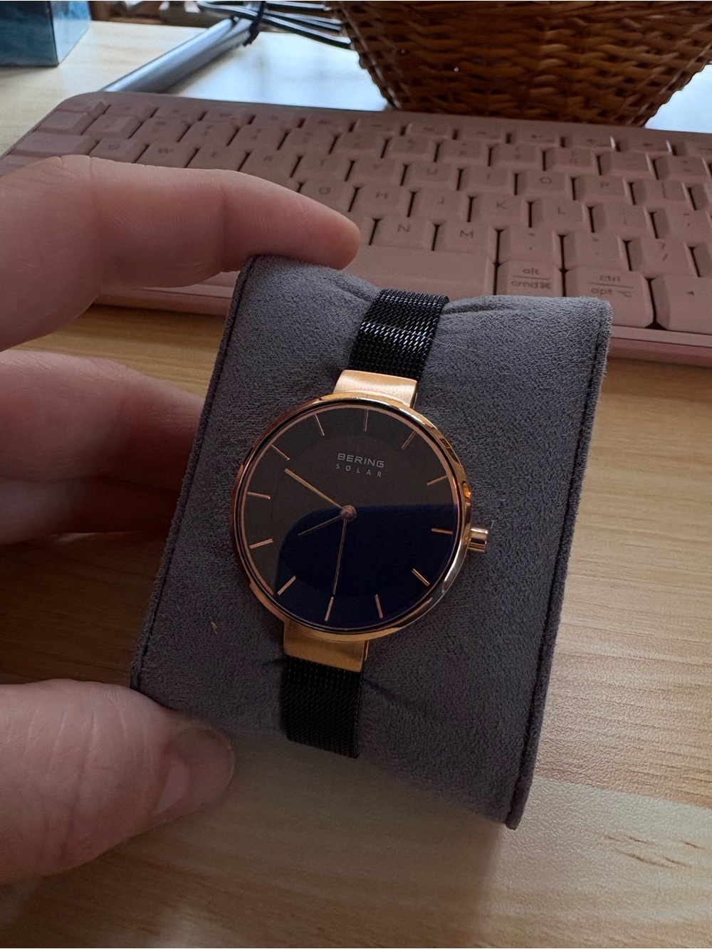 Bering Solar Women’s Black Dial Rose Gold Case Mesh Strap Watch